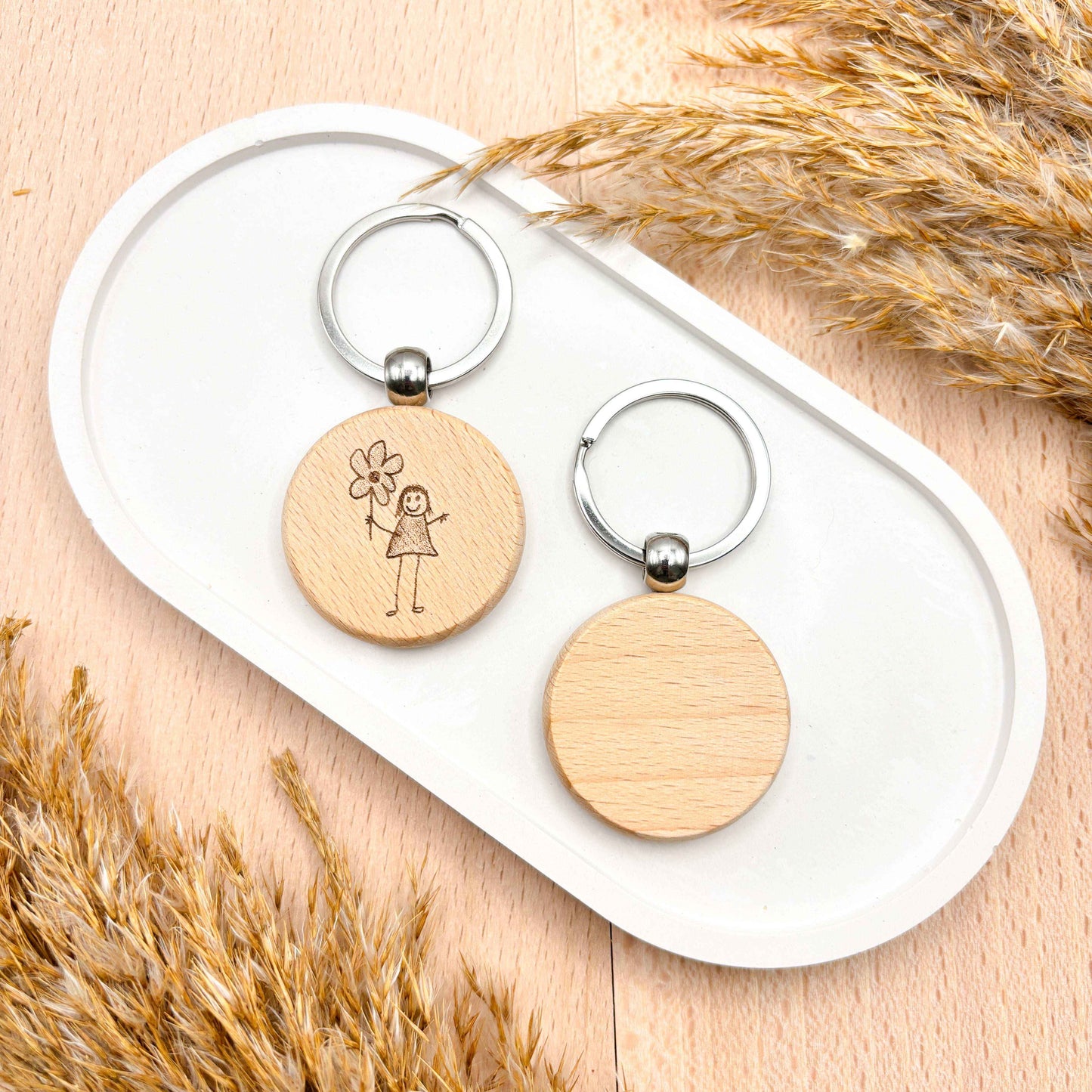 Personalisierter Schlüsselanhänger - Kinderzeichnung - Buchenholz - 40mm