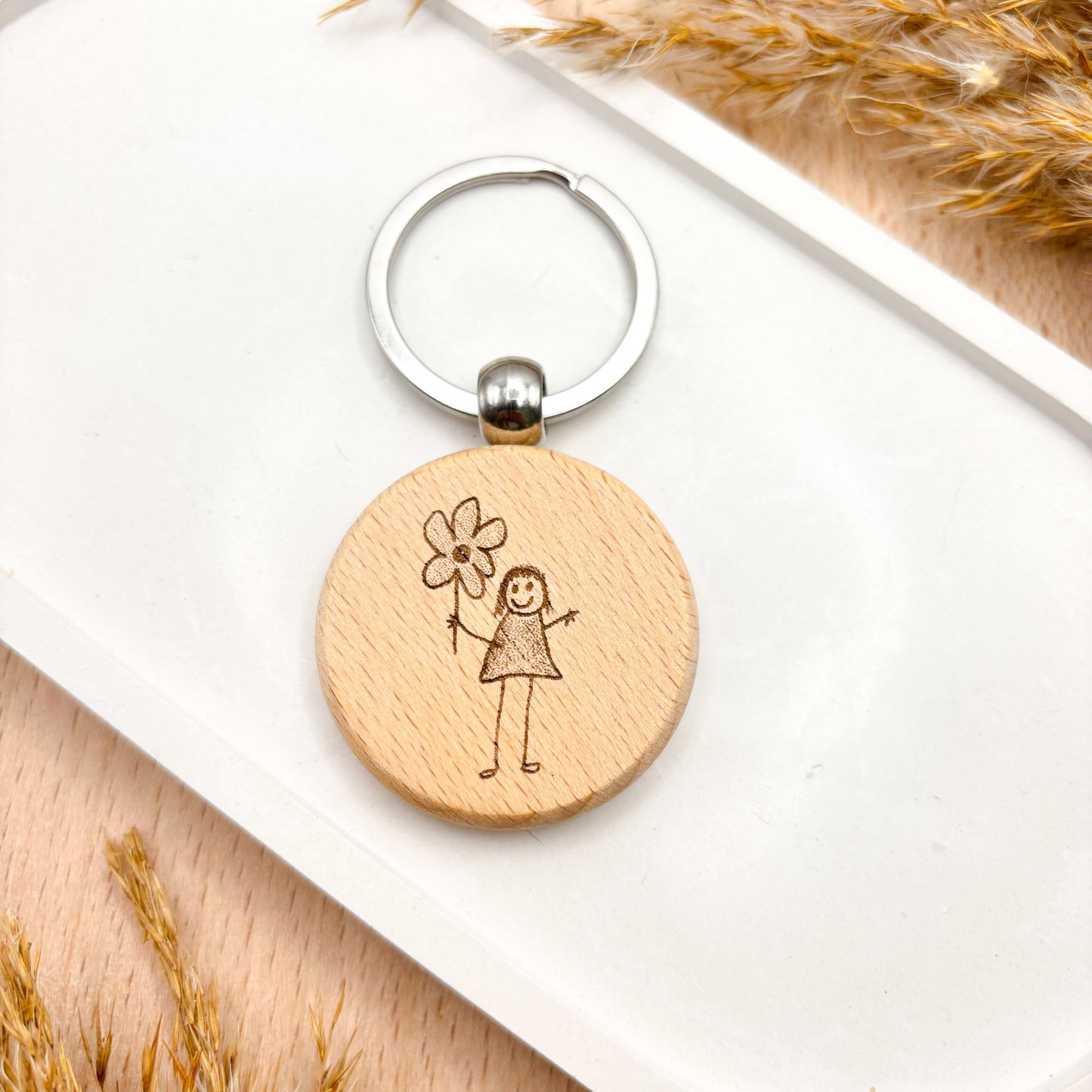 Personalisierter Schlüsselanhänger - Kinderzeichnung - Buchenholz - 40mm