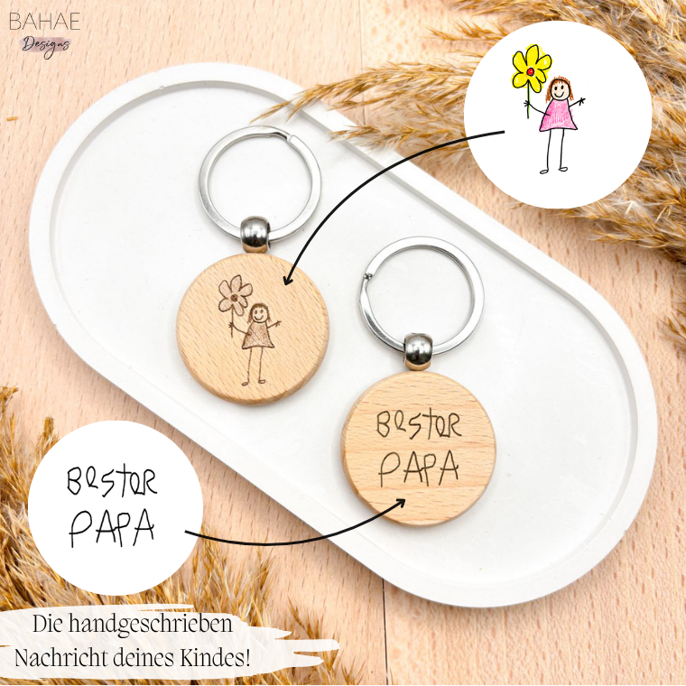 Personalisierter Schlüsselanhänger - Kinderzeichnung - Buchenholz - 40mm