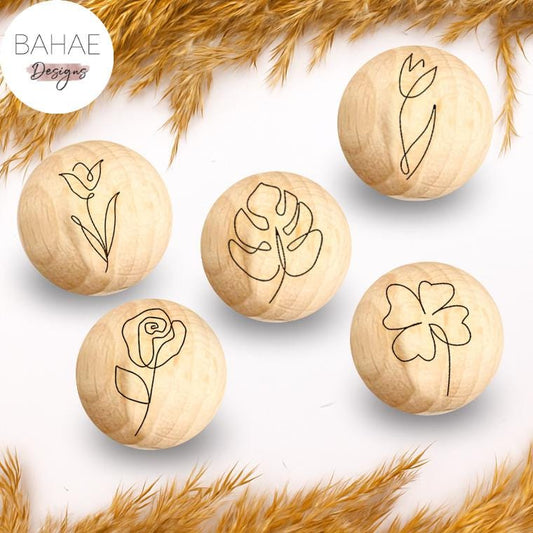 Holzperle mit Motiv - One-Line Blumen - Buchenholz - 12-30mm